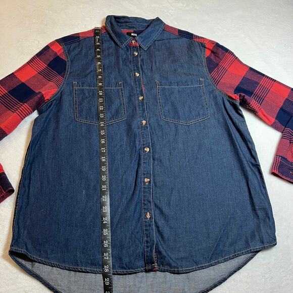 BDG Women's Mixed Media Plaid Flannel Denim Button Up Shirt Size Large Casual - Picture 7 of 9